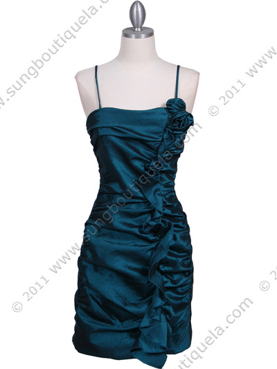 1671 Teal Stretch Taffeta Floral Cocktail Dress - Teal, Front View Medium