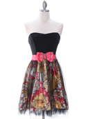 1740 Black Print Strapless Cocktail Dress, Black