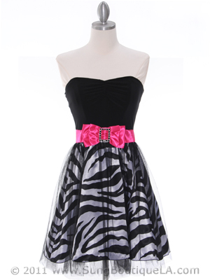 1740 Black Zebra Print Strapless Cocktail Dress, Black Zebra