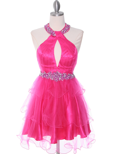 1806 Hot Pink Halter Cocktail Dress With Keyhole - Hot Pink, Front View Medium