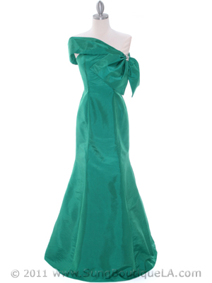 C1811 Green Taffeta Evening Dress with Oversize Bow, Green