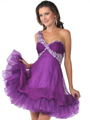 1822 One Shoulder Sequin Strap Short Prom Dress with Tulle - Purple, Front View Thumbnail