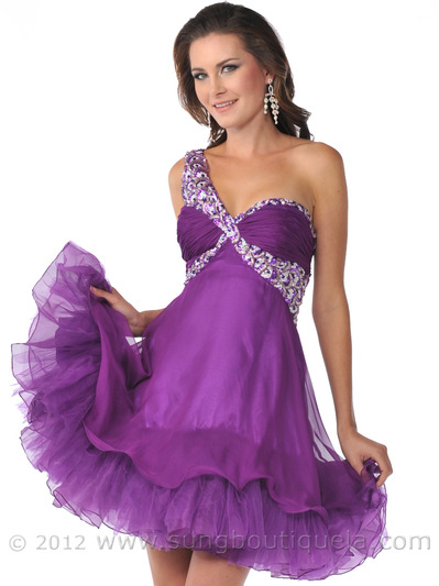 1822 One Shoulder Sequin Strap Short Prom Dress with Tulle - Purple, Front View Medium