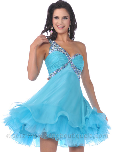 1822 One Shoulder Sequin Strap Short Prom Dress with Tulle - Turquoise, Front View Medium