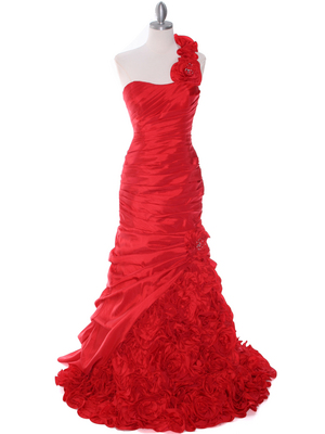 1828 Red Taffeta One Shoulder Evening Gown, Red
