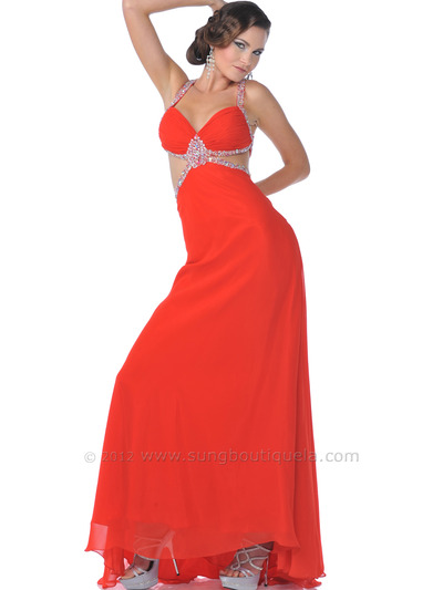 C1831 Tangerine Halter Cut Out Prom Dress - Tangerine, Front View Medium