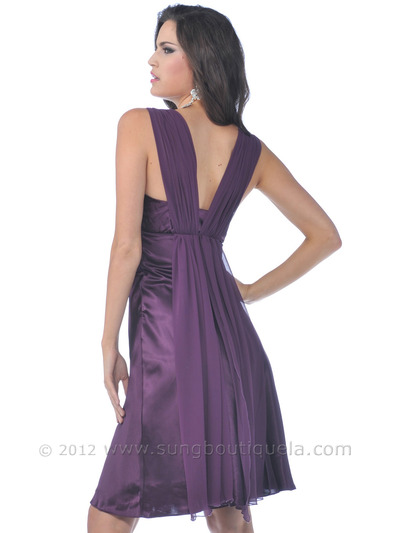 1855S Satin Cocktail Dress with Rhinestone Pin - Plum, Back View Medium