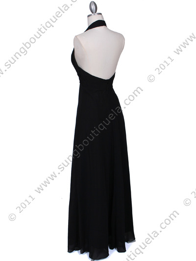1856 Black Halter Evening Dress with Rhinestone Pin - Black, Back View Medium