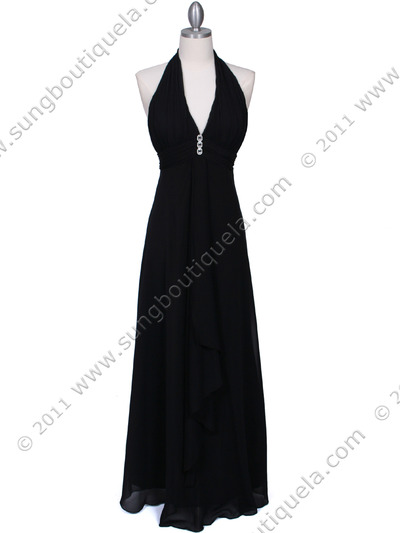 1856 Black Halter Evening Dress with Rhinestone Pin - Black, Front View Medium