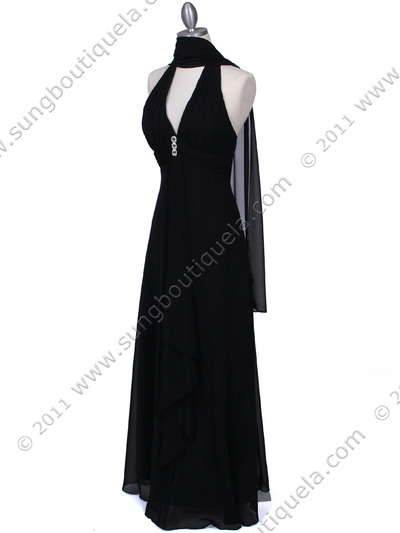 1856 Black Halter Evening Dress with Rhinestone Pin - Black, Alt View Medium