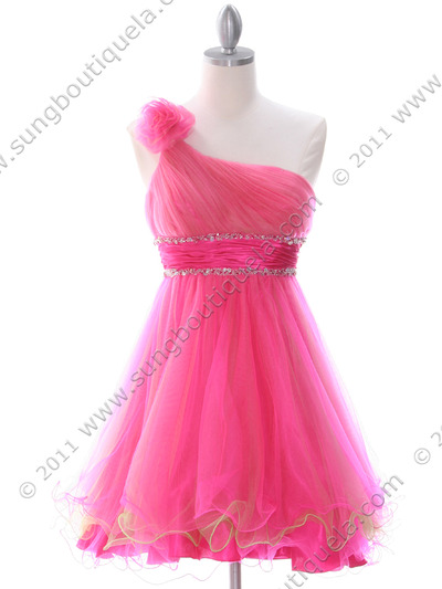 188 Hot Pink One Shoulder Homecoming Dress - Hot Pink, Front View Medium