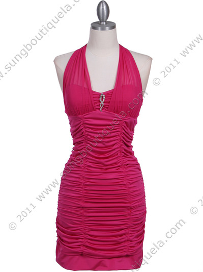 1962 HotPink Pleated Party Dress with Rhinestone Pin - Hot Pink, Front View Medium