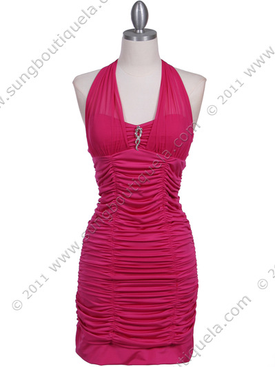 1962 HotPink Pleated Party Dress with Rhinestone Pin - Hot Pink, Front View Medium