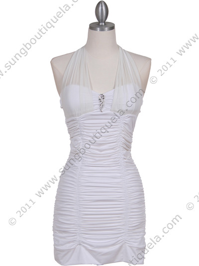 1962 Off White Pleated Party Dress with Rhinestone Pin - Off White, Front View Medium