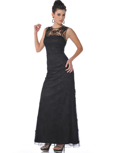 1980 Beaded Lace Overlay Evening Dress - Black, Front View Medium