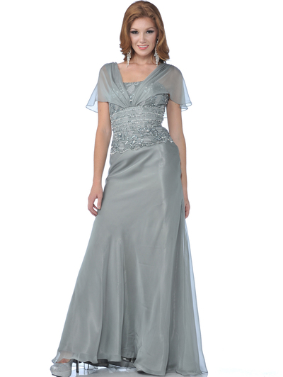 1986 Mother of the Bride Chiffon Evening Gown with Sequins and Beads - Silver, Front View Medium