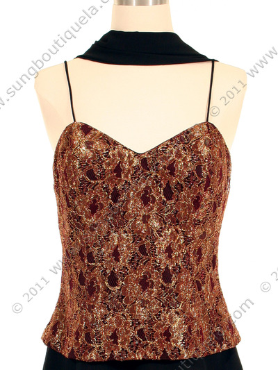 200 Burgundy & Gold Lace Chiffon Evening Dress - Burgundy Gold, Back View Medium