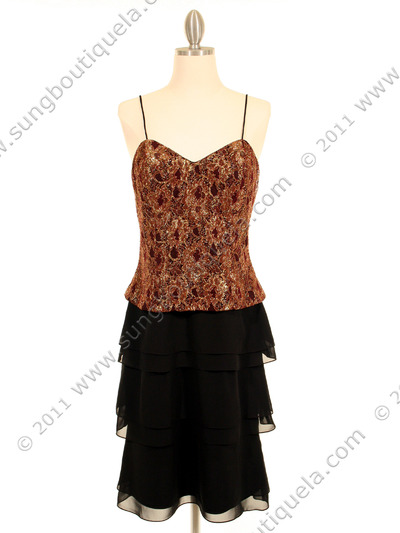 200 Burgundy & Gold Lace Chiffon Evening Dress - Burgundy Gold, Front View Medium