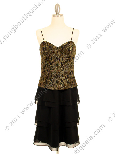200 Black & Gold Lace Chiffon Evening Dress - Black Gold, Front View Medium