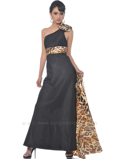 20130 One shoulder Taffeta Evening Dress - Black Tiger, Front View Medium