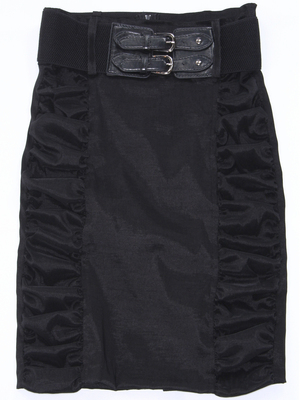 2092 Black Stretch Taffeta Pencil Skirt with Belt, Black