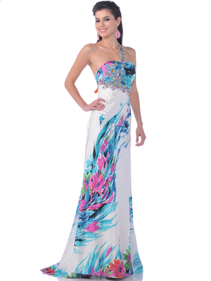 2102 Jeweled One Shoulder Print Evening Dress, Print