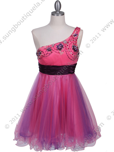 2107 Pink Purple One Shoulder Cocktail Dress - Pink Purple, Front View Medium