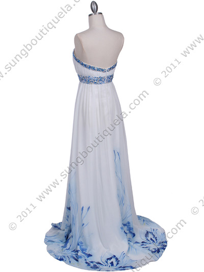 2118 White Strapless Printed Evening Dress - White, Back View Medium
