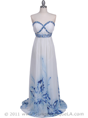 2118 White Strapless Printed Evening Dress, White