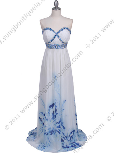 2118 White Strapless Printed Evening Dress - White, Front View Medium