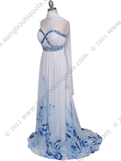 2118 White Strapless Printed Evening Dress - White, Alt View Medium