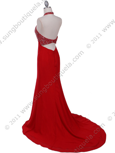 2143 Red Halter Beaded Evening Dress - Red, Back View Medium