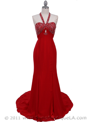 2143 Red Halter Beaded Evening Dress, Red
