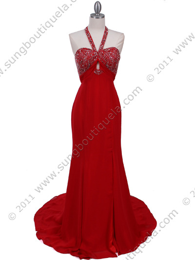 2143 Red Halter Beaded Evening Dress - Red, Front View Medium
