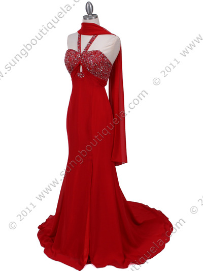 2143 Red Halter Beaded Evening Dress - Red, Alt View Medium