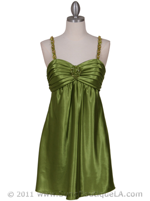 215 Green Satin Party Dress with Rhinestone Straps, Green
