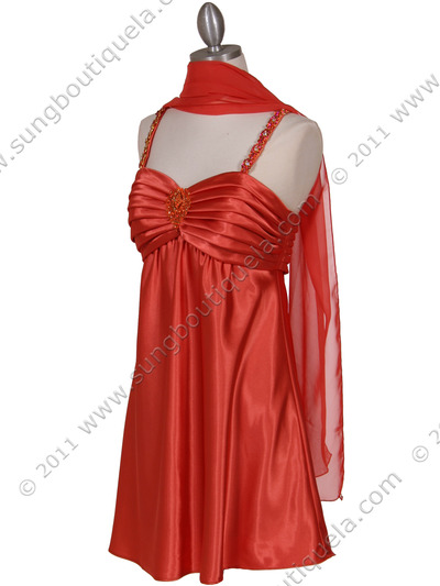 215 Orange Satin Party Dress with Rhinestone Straps - Orange, Alt View Medium