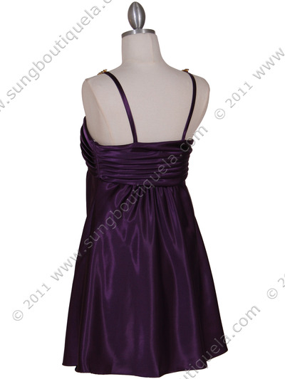 215 Purple Satin Party Dress with Rhinestone Straps - Purple, Back View Medium