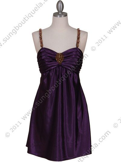 215 Purple Satin Party Dress with Rhinestone Straps - Purple, Front View Medium