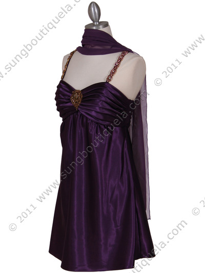 215 Purple Satin Party Dress with Rhinestone Straps - Purple, Alt View Medium