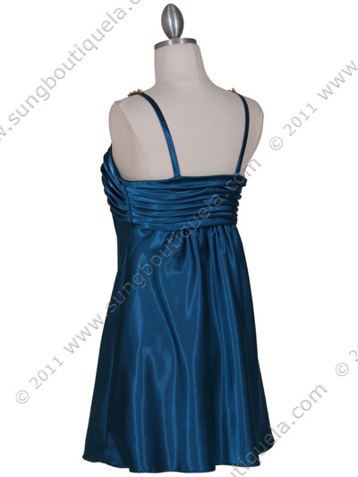215 Teal Satin Party Dress with Rhinestone Straps - Teal, Back View Medium