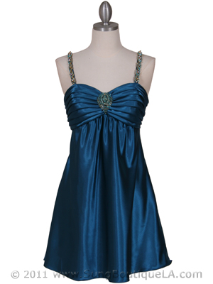215 Teal Satin Party Dress with Rhinestone Straps, Teal