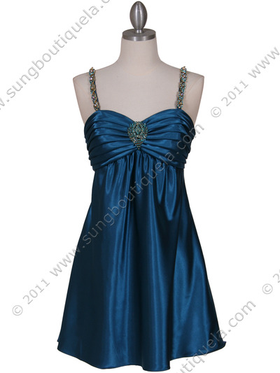 215 Teal Satin Party Dress with Rhinestone Straps - Teal, Front View Medium