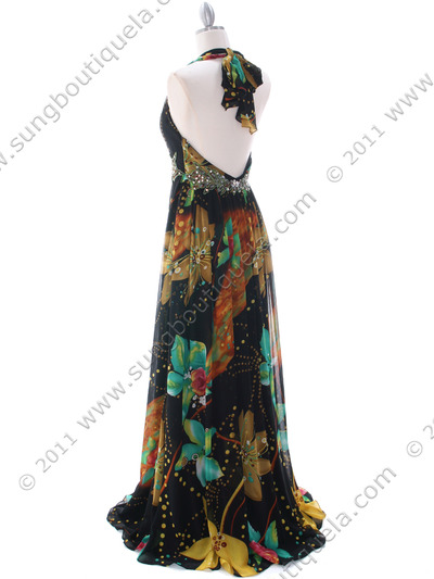 2170 Black Halter Printed Evening Dress - Black, Back View Medium
