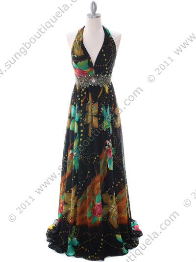 2170 Black Halter Printed Evening Dress - Black, Front View Medium