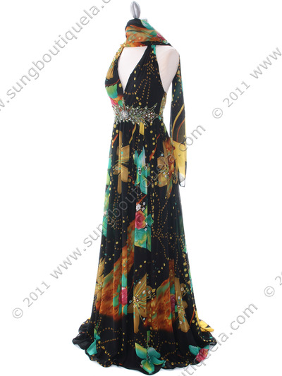 2170 Black Halter Printed Evening Dress - Black, Alt View Medium