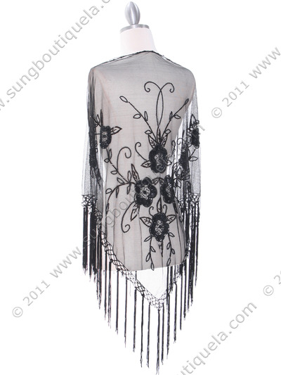 2230 Black Lace Beaded Shawl - Black, Back View Medium