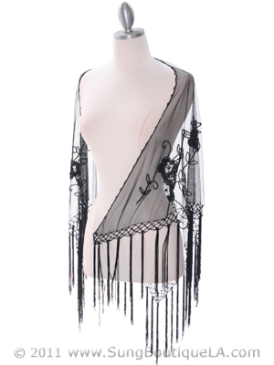 2230 Black Lace Beaded Shawl, Black