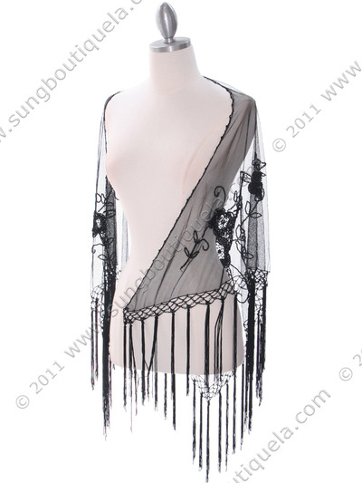 2230 Black Lace Beaded Shawl - Black, Front View Medium