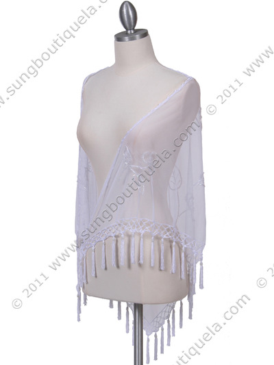 2230 White Lace Beaded Shawl - White, Front View Medium